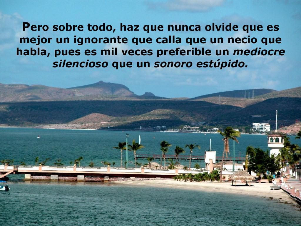 Pero sobre todo, haz que nunca olvide que es mejor un ignorante que calla que un necio que habla, pues es mil veces preferible un mediocre silencioso que un sonoro estúpido.