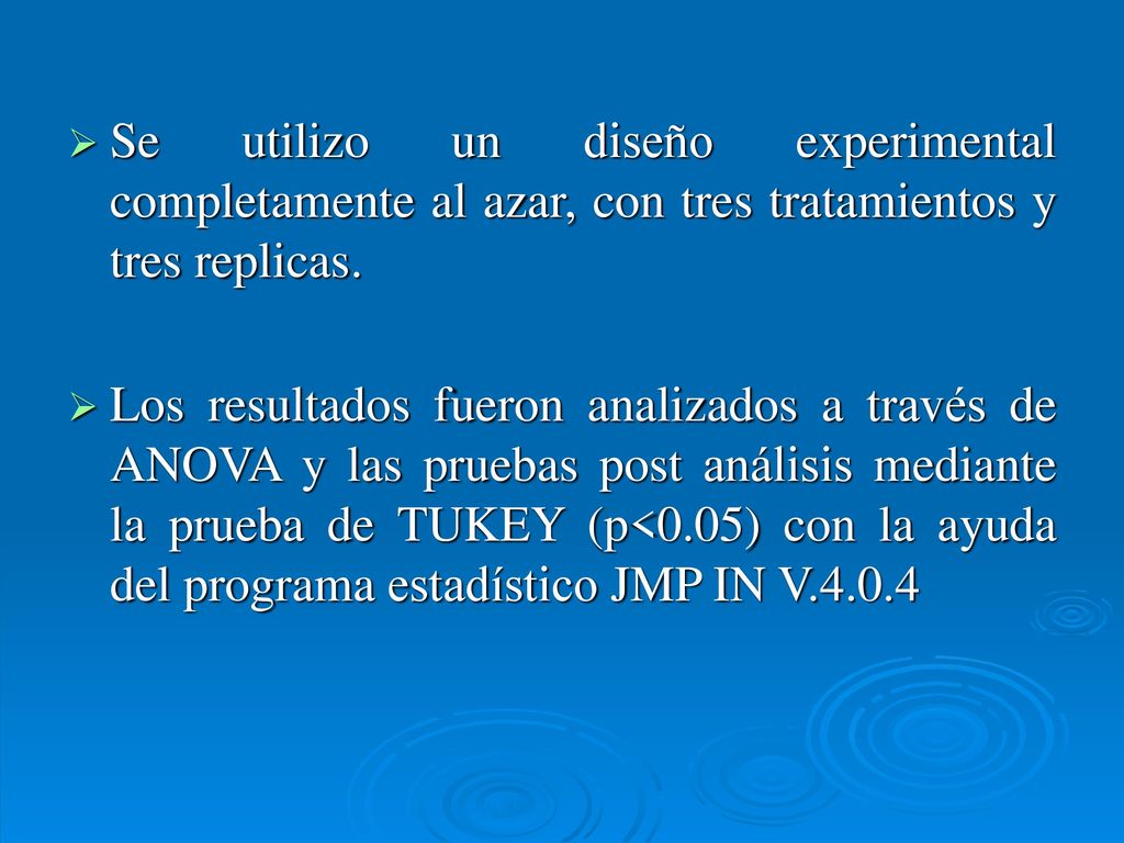 Se utilizo un diseño experimental completamente al azar, con tres tratamientos y tres replicas.