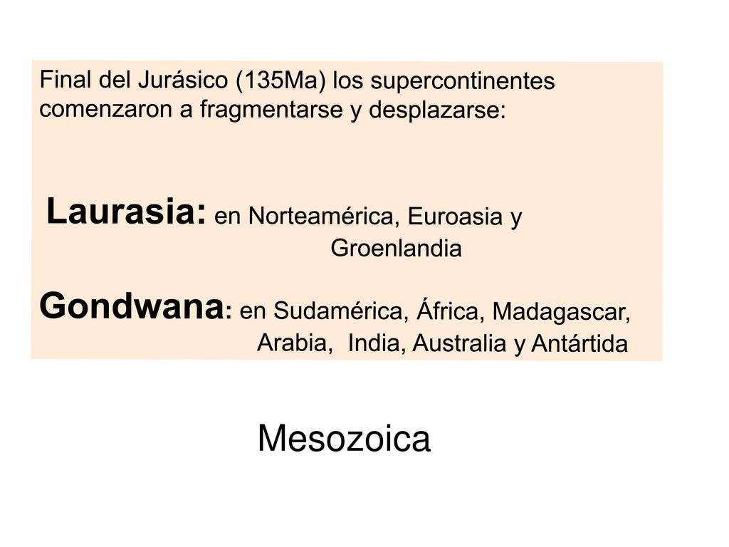 Final del Jurásico (135Ma) los supercontinentes comenzaron a fragmentarse y desplazarse: