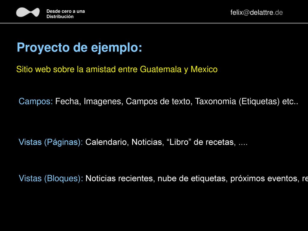 Proyecto de ejemplo: Sitio web sobre la amistad entre Guatemala y Mexico. Campos: Fecha, Imagenes, Campos de texto, Taxonomia (Etiquetas) etc..