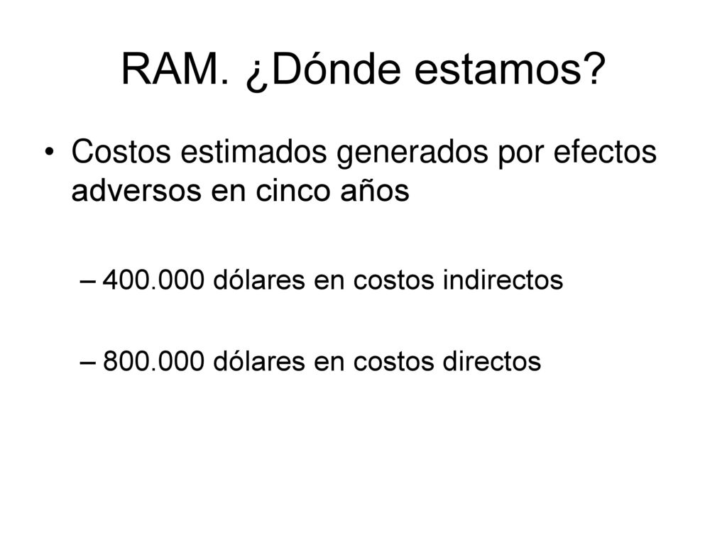 RAM. ¿Dónde estamos Costos estimados generados por efectos adversos en cinco años dólares en costos indirectos.