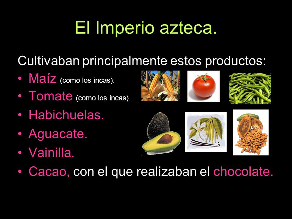 El Imperio azteca. Cultivaban principalmente estos productos: