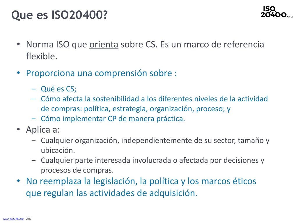 Que es ISO20400 Norma ISO que orienta sobre CS. Es un marco de referencia flexible. Proporciona una comprensión sobre :