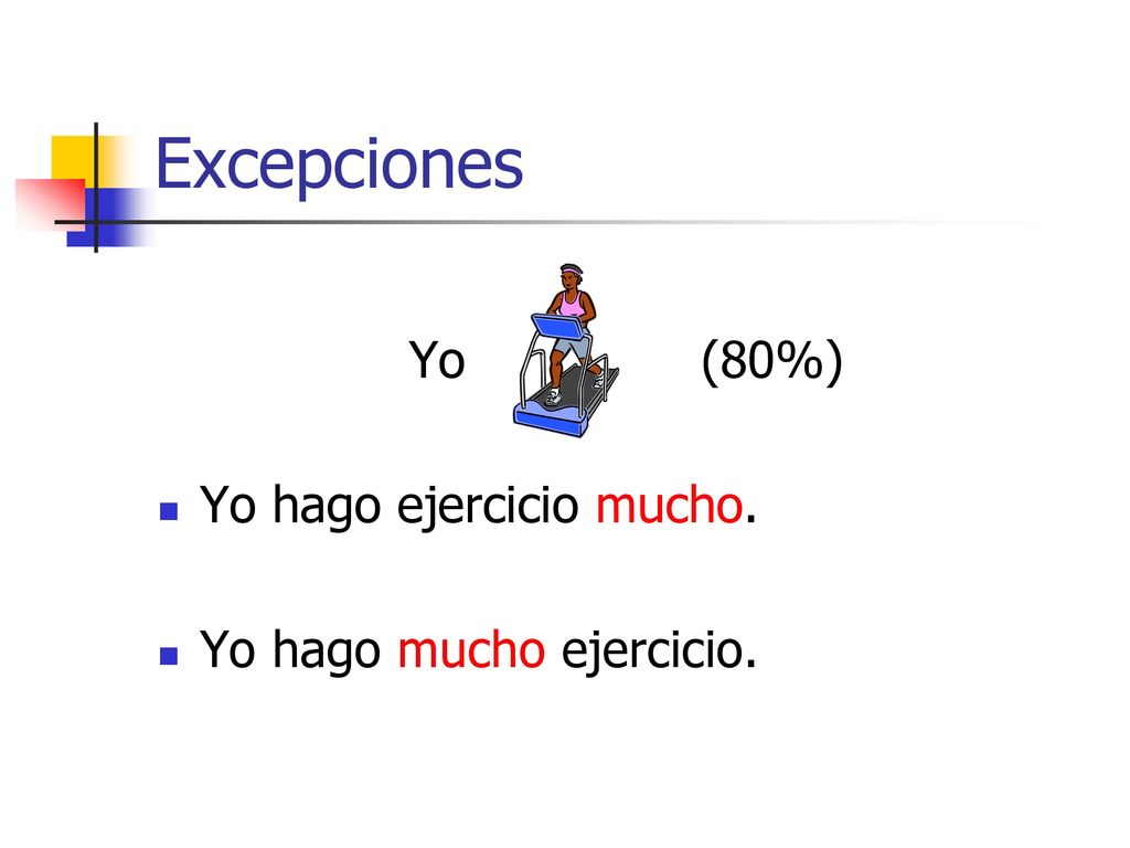 Excepciones Yo (80%) Yo hago ejercicio mucho. Yo hago mucho ejercicio.