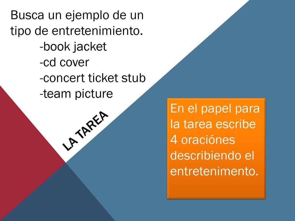 Busca un ejemplo de un tipo de entretenimiento. -book jacket -cd cover
