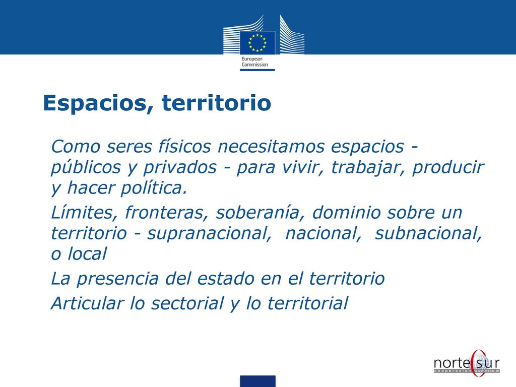 Espacios, territorio Como seres físicos necesitamos espacios -públicos y privados - para vivir, trabajar, producir y hacer política.