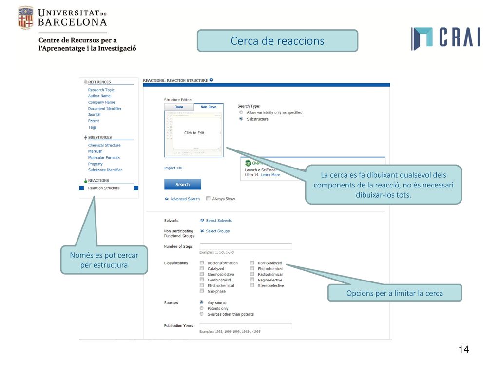 Cerca de reaccions La cerca es fa dibuixant qualsevol dels components de la reacció, no és necessari dibuixar-los tots.