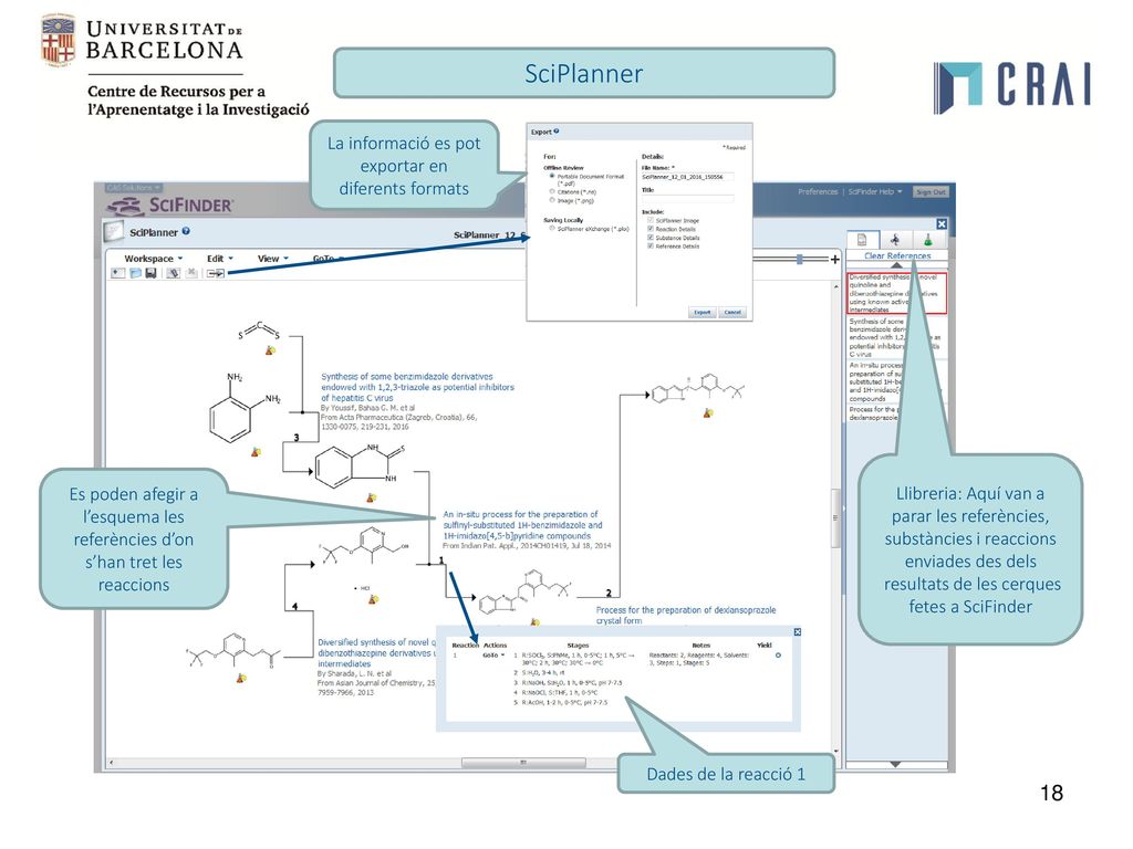 SciPlanner La informació es pot exportar en diferents formats