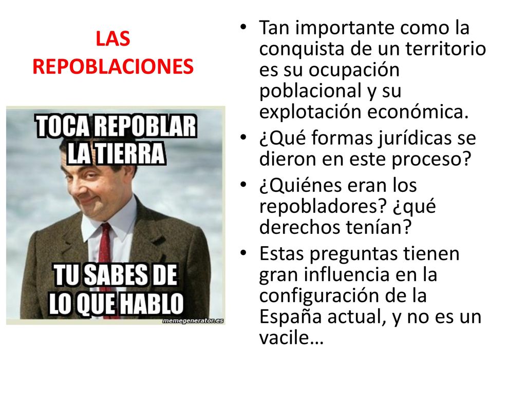 LAS REPOBLACIONES Tan importante como la conquista de un territorio es su ocupación poblacional y su explotación económica.