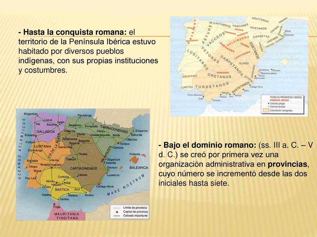 - Hasta la conquista romana: el territorio de la Península Ibérica estuvo habitado por diversos pueblos indígenas, con sus propias instituciones y costumbres.