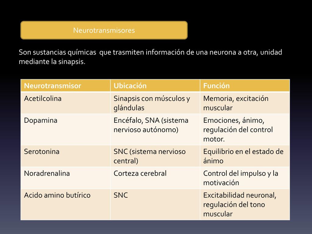 Neurotransmisores Son sustancias químicas que trasmiten información de una neurona a otra, unidad mediante la sinapsis.