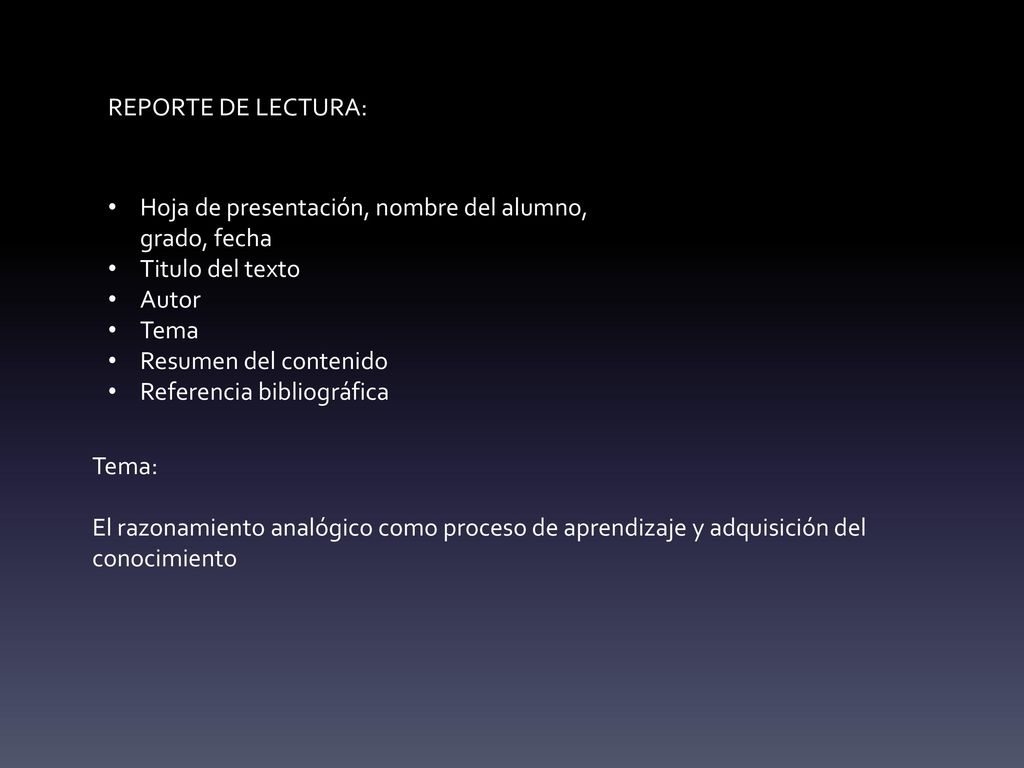REPORTE DE LECTURA: Hoja de presentación, nombre del alumno, grado, fecha. Titulo del texto. Autor.