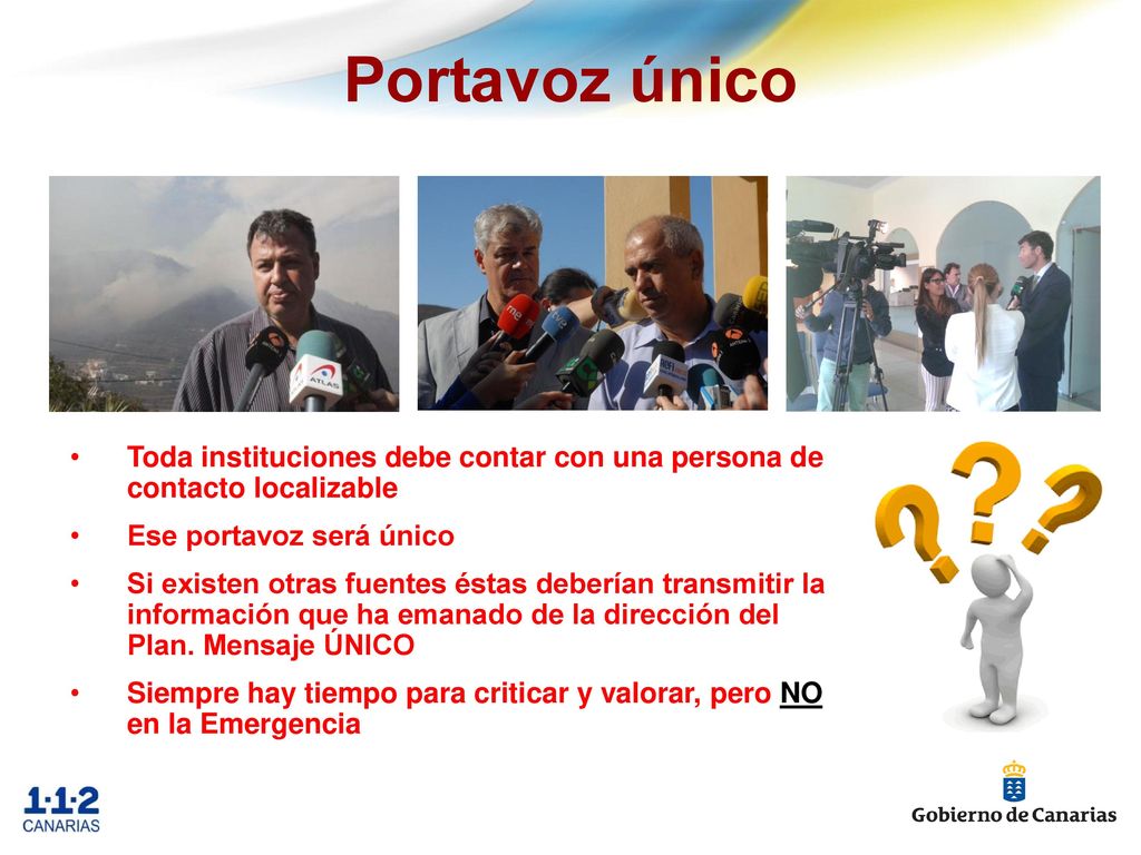 Portavoz único Toda instituciones debe contar con una persona de contacto localizable. Ese portavoz será único.