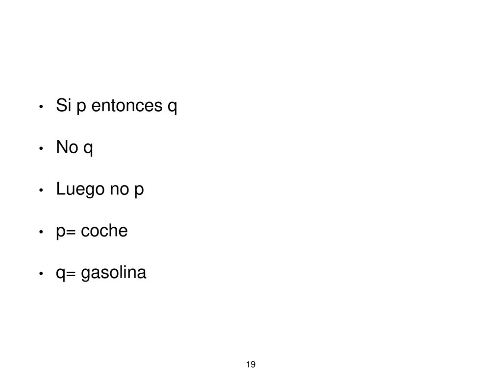 Si p entonces q No q Luego no p p= coche q= gasolina