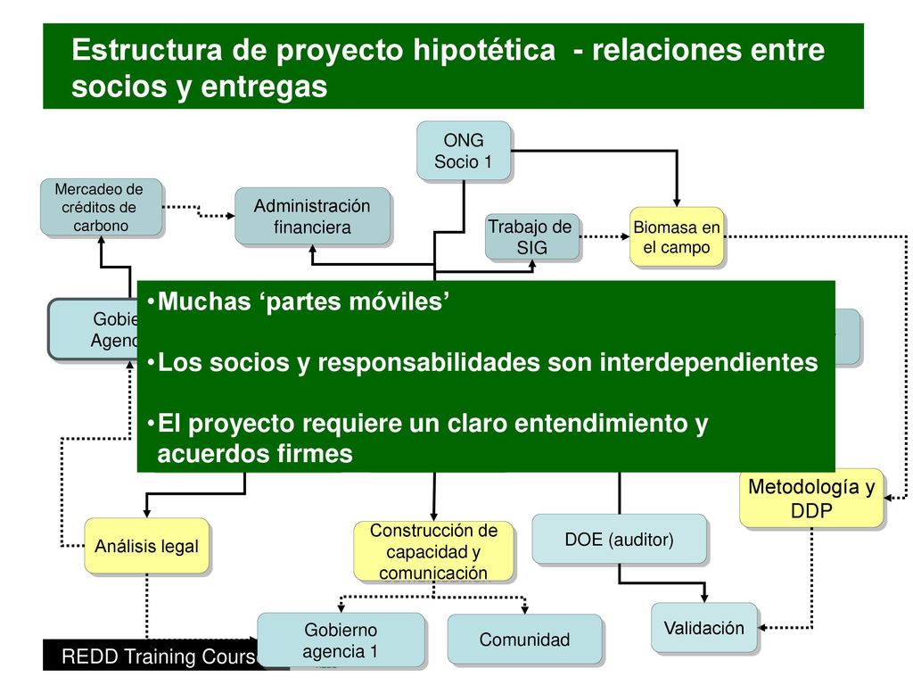 Estructura de proyecto hipotética - relaciones entre socios y entregas