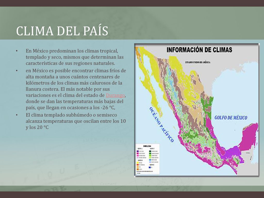 Clima del país En México predominan los climas tropical, templado y seco, mismos que determinan las características de sus regiones naturales.