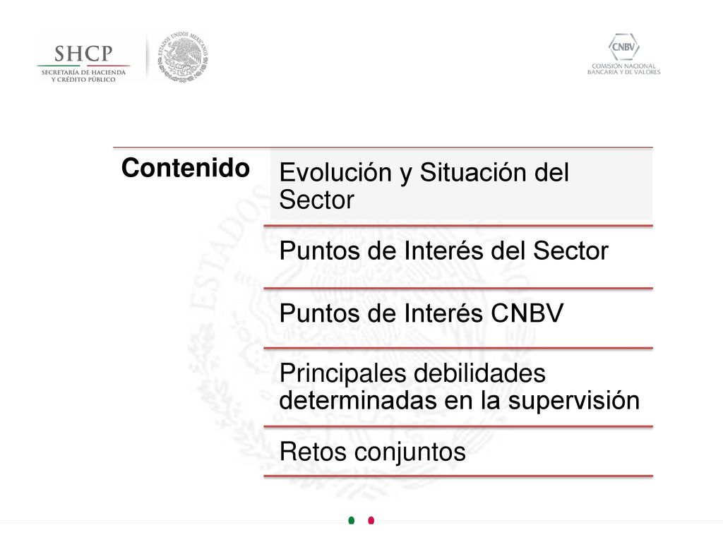 Contenido Evolución y Situación del Sector. Puntos de Interés del Sector. Puntos de Interés CNBV.