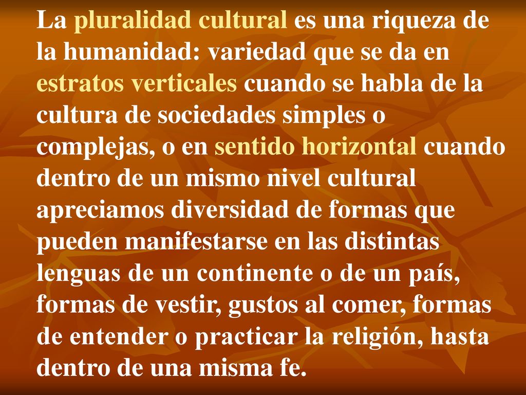 La pluralidad cultural es una riqueza de la humanidad: variedad que se da en estratos verticales cuando se habla de la cultura de sociedades simples o complejas, o en sentido horizontal cuando dentro de un mismo nivel cultural apreciamos diversidad de formas que pueden manifestarse en las distintas lenguas de un continente o de un país, formas de vestir, gustos al comer, formas de entender o practicar la religión, hasta dentro de una misma fe.