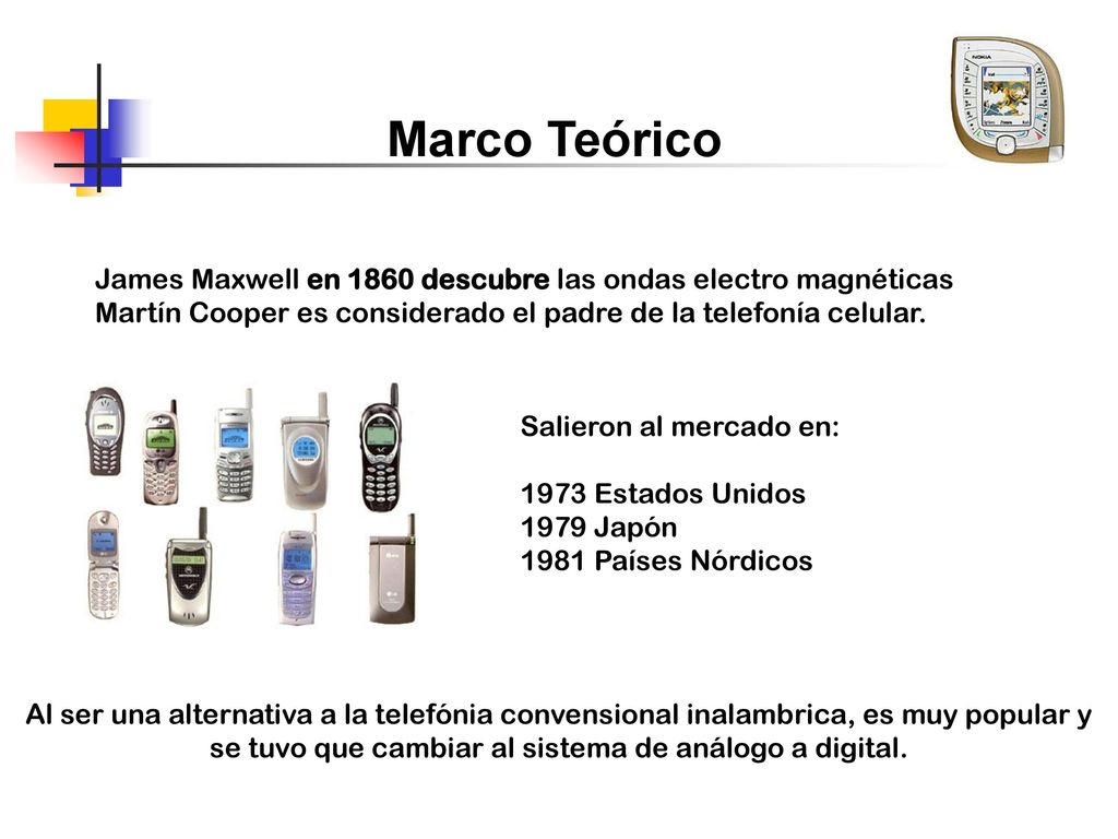 Marco Teórico James Maxwell en 1860 descubre las ondas electro magnéticas. Martín Cooper es considerado el padre de la telefonía celular.