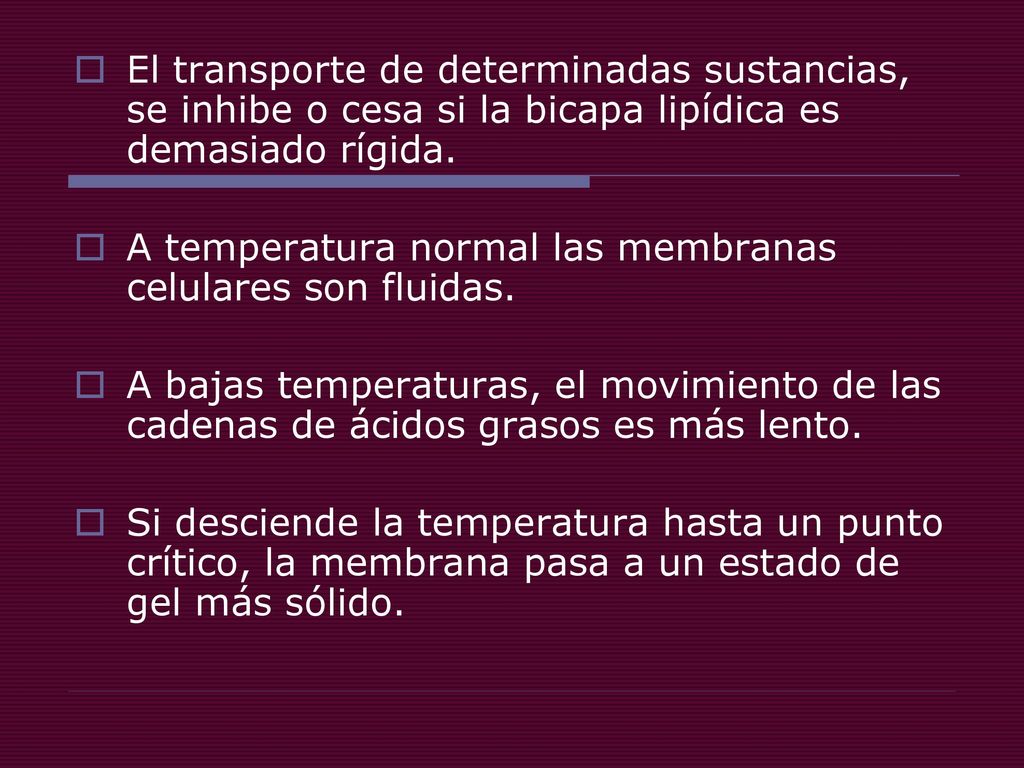 El transporte de determinadas sustancias, se inhibe o cesa si la bicapa lipídica es demasiado rígida.