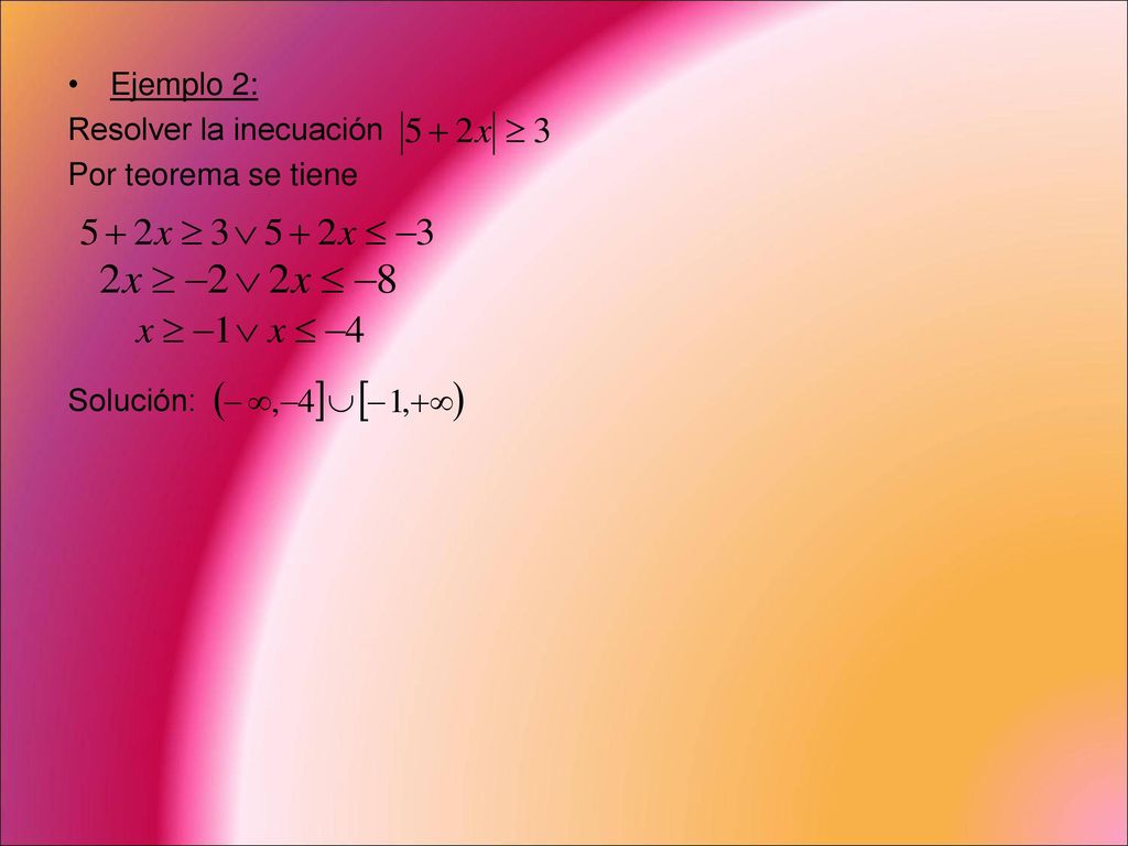 Ejemplo 2: Resolver la inecuación Por teorema se tiene Solución: