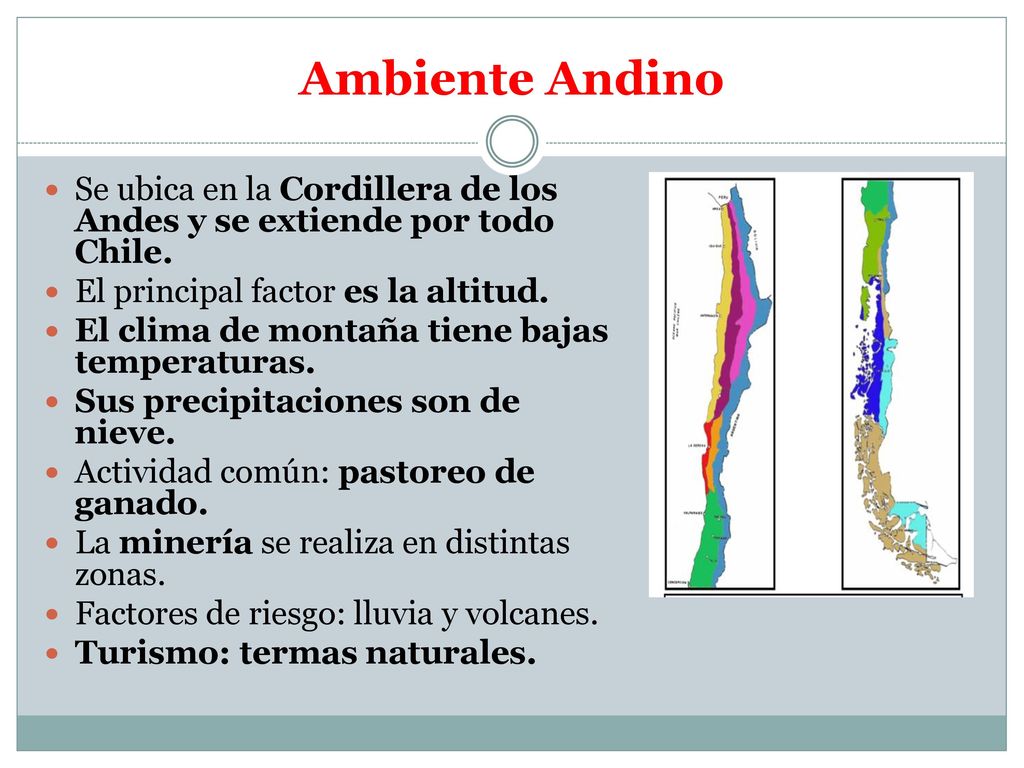 Ambiente Andino Se ubica en la Cordillera de los Andes y se extiende por todo Chile. El principal factor es la altitud.