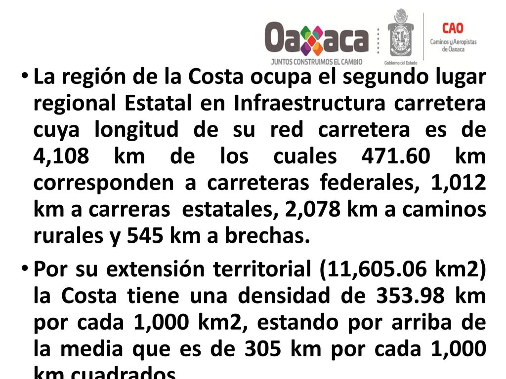 La región de la Costa ocupa el segundo lugar regional Estatal en Infraestructura carretera cuya longitud de su red carretera es de 4,108 km de los cuales km corresponden a carreteras federales, 1,012 km a carreras estatales, 2,078 km a caminos rurales y 545 km a brechas.