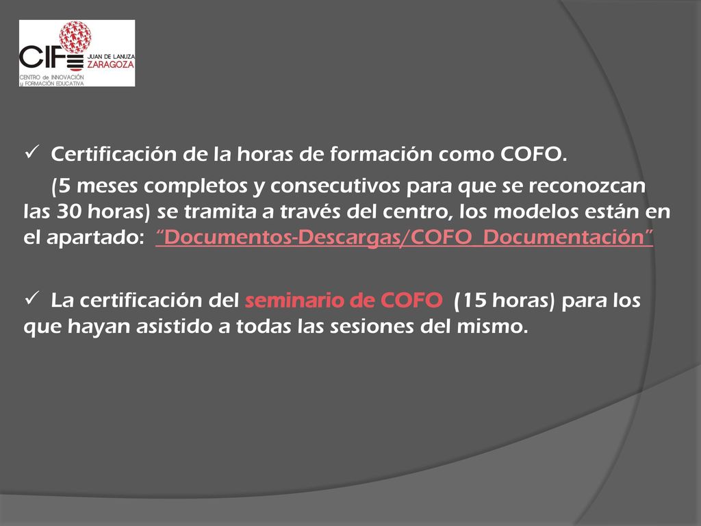 Certificación de la horas de formación como COFO.