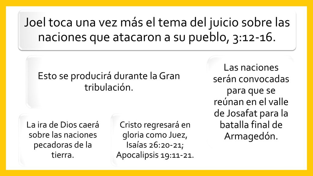 Joel toca una vez más el tema del juicio sobre las naciones que atacaron a su pueblo, 3:12-16.