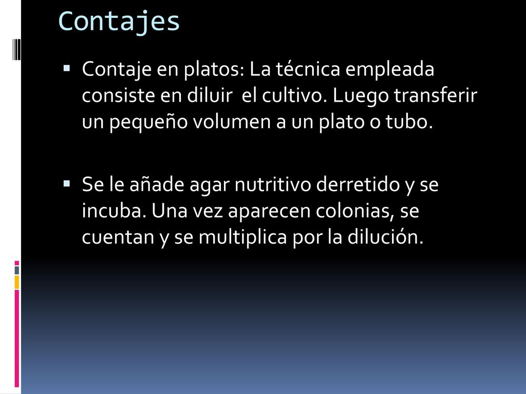 Contajes Contaje en platos: La técnica empleada consiste en diluir el cultivo. Luego transferir un pequeño volumen a un plato o tubo.
