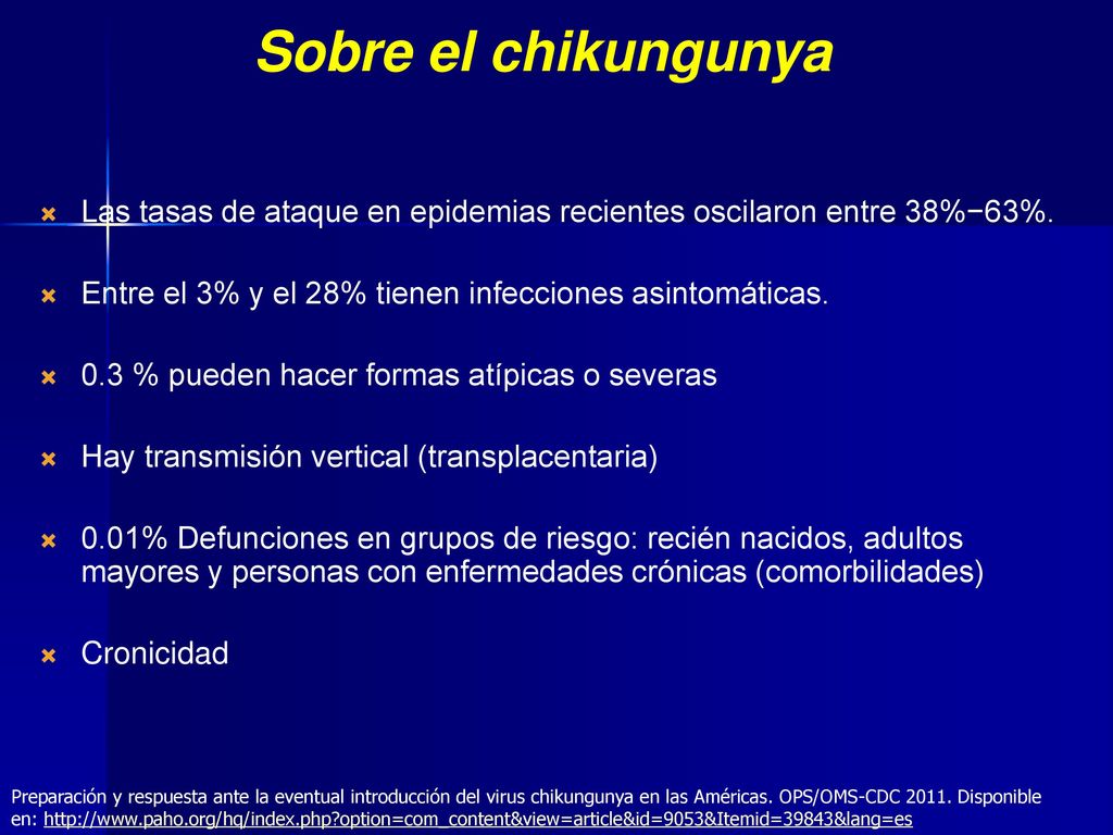 Sobre el chikungunya Las tasas de ataque en epidemias recientes oscilaron entre 38%−63%. Entre el 3% y el 28% tienen infecciones asintomáticas.