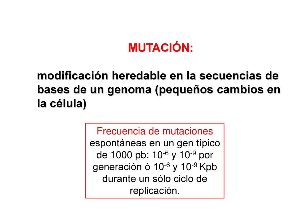 MUTACIÓN: modificación heredable en la secuencias de bases de un genoma (pequeños cambios en la célula)