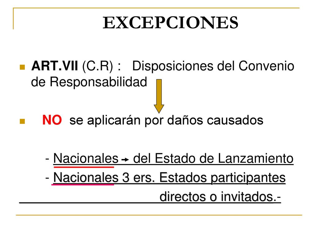 EXCEPCIONES ART.VII (C.R) : Disposiciones del Convenio de Responsabilidad. NO se aplicarán por daños causados.