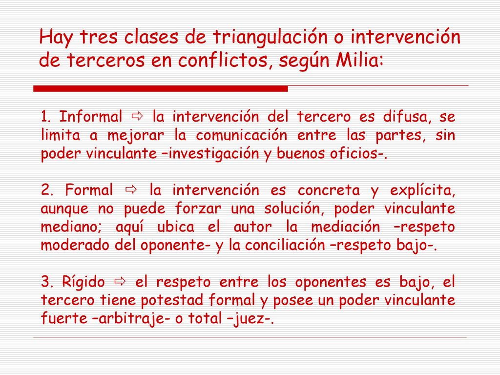 Hay tres clases de triangulación o intervención de terceros en conflictos, según Milia: