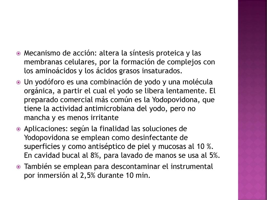 Mecanismo de acción: altera la síntesis proteica y las membranas celulares, por la formación de complejos con los aminoácidos y los ácidos grasos insaturados.