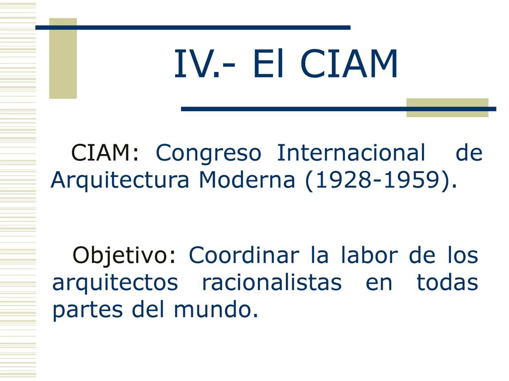 IV.- El CIAM CIAM: Congreso Internacional de Arquitectura Moderna ( ).