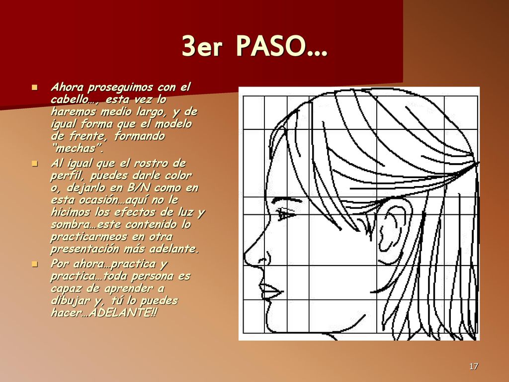 3er PASO… Ahora proseguimos con el cabello…, esta vez lo haremos medio largo, y de igual forma que el modelo de frente, formando mechas .