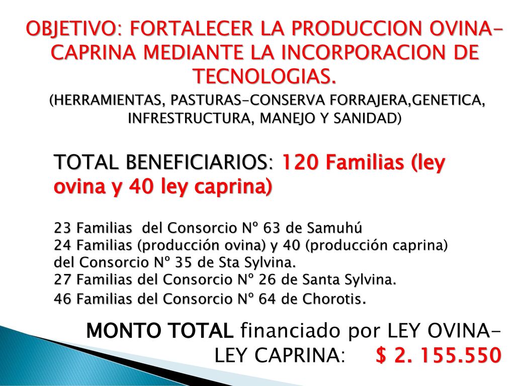 TOTAL BENEFICIARIOS: 120 Familias (ley ovina y 40 ley caprina)