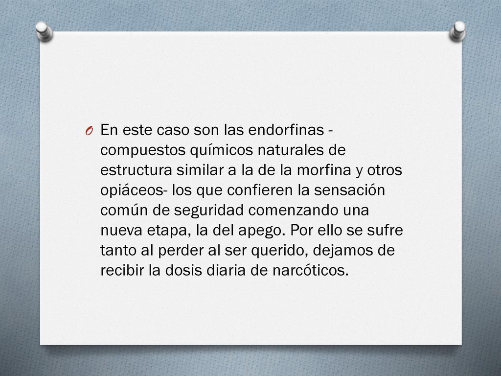 En este caso son las endorfinas -compuestos químicos naturales de estructura similar a la de la morfina y otros opiáceos- los que confieren la sensación común de seguridad comenzando una nueva etapa, la del apego.