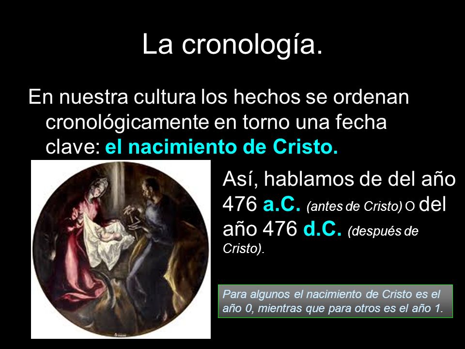 La cronología. En nuestra cultura los hechos se ordenan cronológicamente en torno una fecha clave: el nacimiento de Cristo.