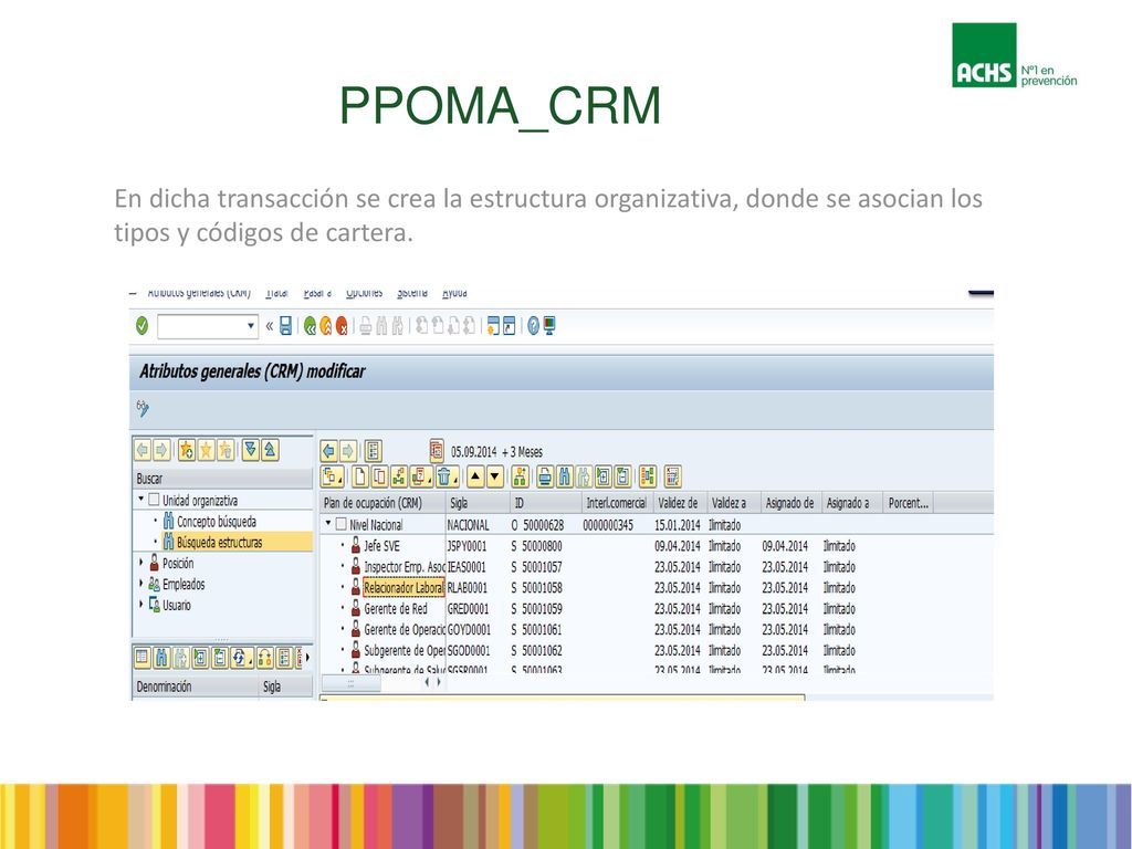 PPOMA_CRM En dicha transacción se crea la estructura organizativa, donde se asocian los tipos y códigos de cartera.