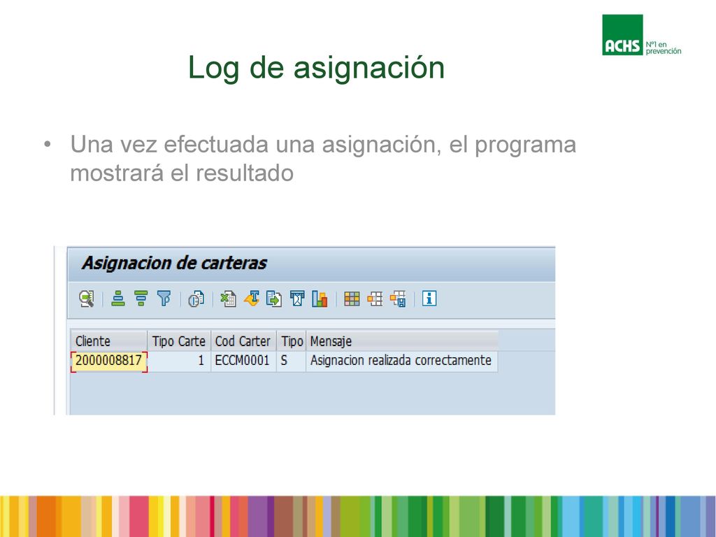 Log de asignación Una vez efectuada una asignación, el programa mostrará el resultado