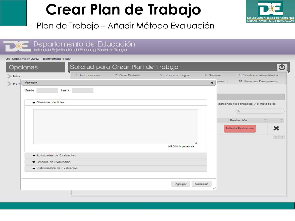 Crear Plan de Trabajo Plan de Trabajo – Añadir Método Evaluación