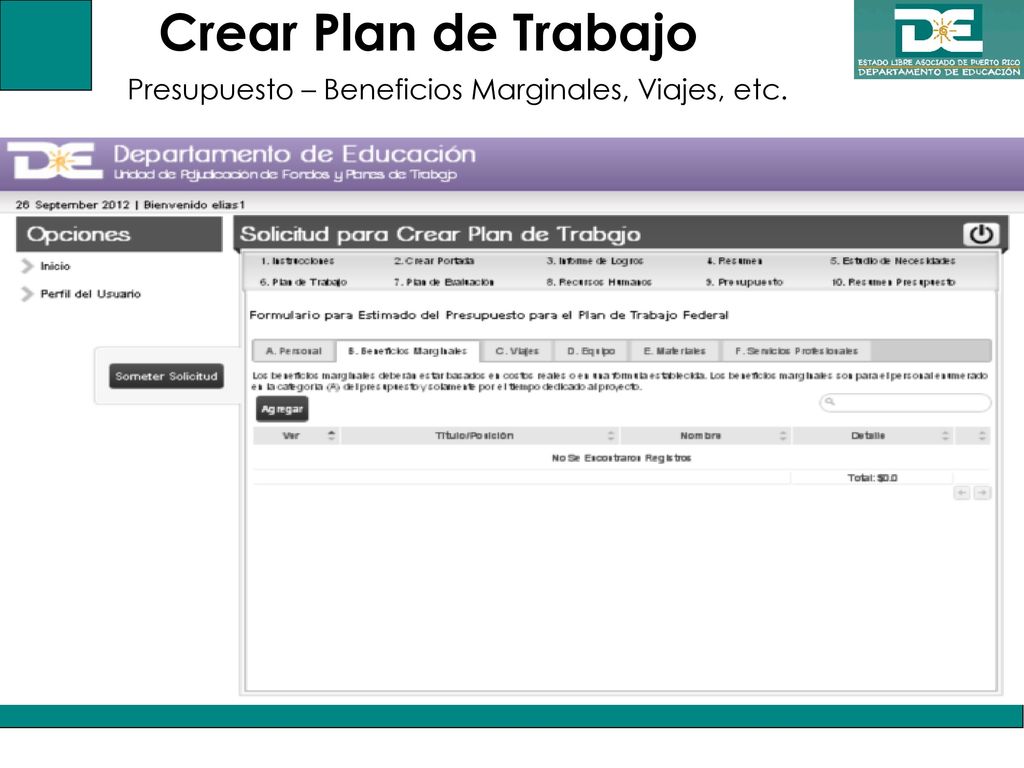 Crear Plan de Trabajo Presupuesto – Beneficios Marginales, Viajes, etc.