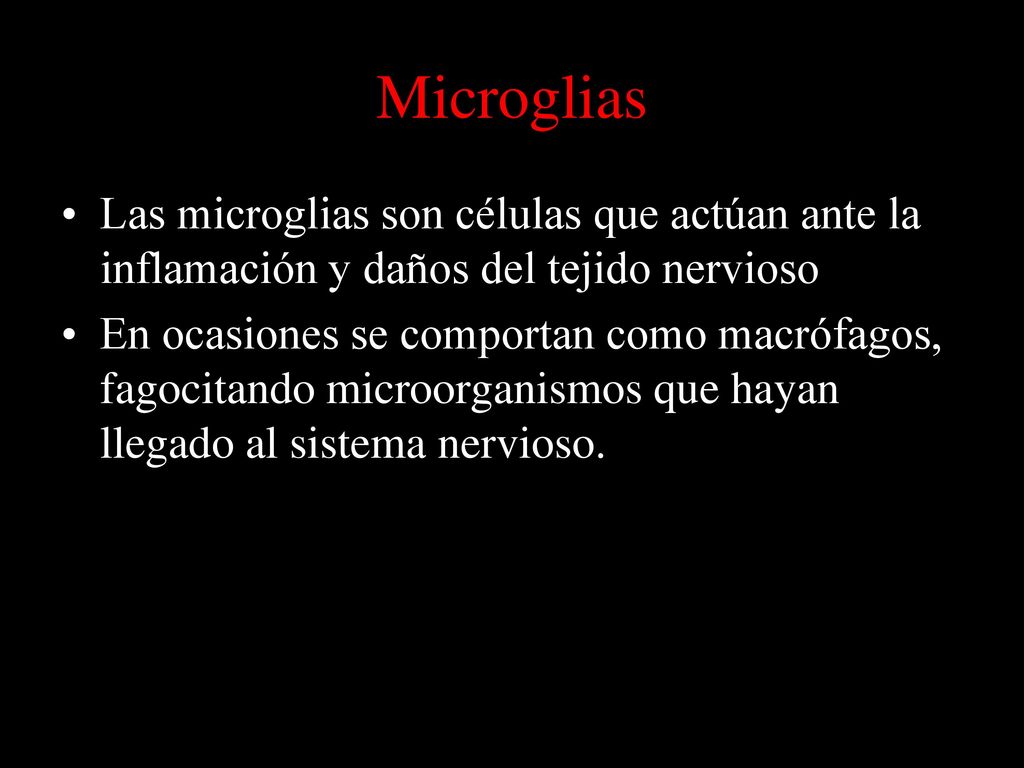 Microglias Las microglias son células que actúan ante la inflamación y daños del tejido nervioso.