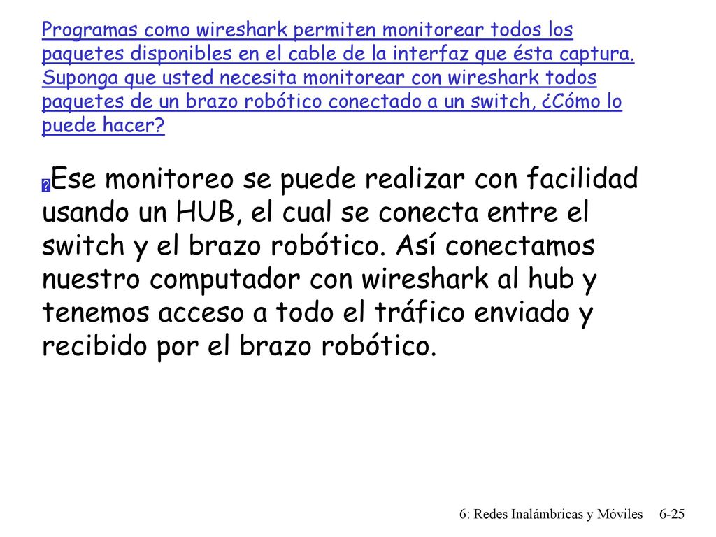 Programas como wireshark permiten monitorear todos los paquetes disponibles en el cable de la interfaz que ésta captura. Suponga que usted necesita monitorear con wireshark todos paquetes de un brazo robótico conectado a un switch, ¿Cómo lo puede hacer