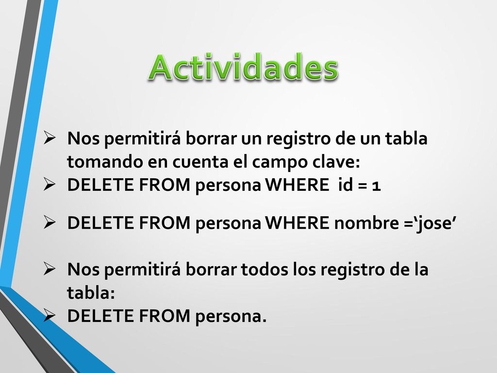 Actividades Nos permitirá borrar un registro de un tabla tomando en cuenta el campo clave: DELETE FROM persona WHERE id = 1.