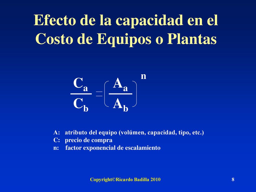 Efecto de la capacidad en el Costo de Equipos o Plantas