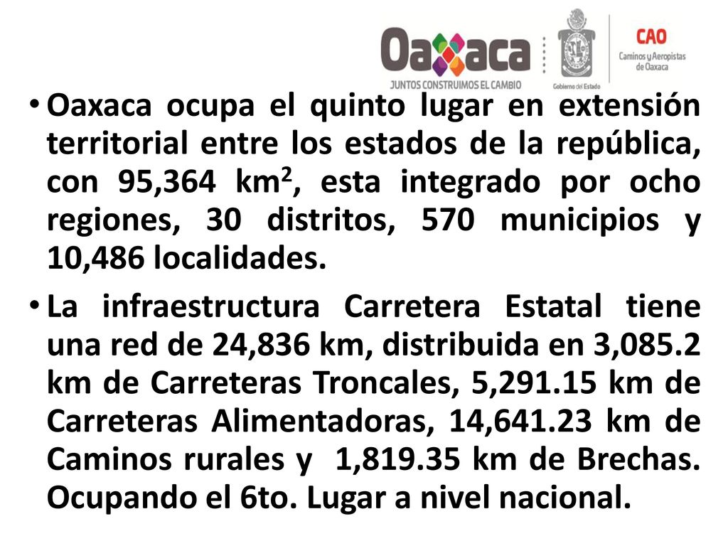 Oaxaca ocupa el quinto lugar en extensión territorial entre los estados de la república, con 95,364 km2, esta integrado por ocho regiones, 30 distritos, 570 municipios y 10,486 localidades.
