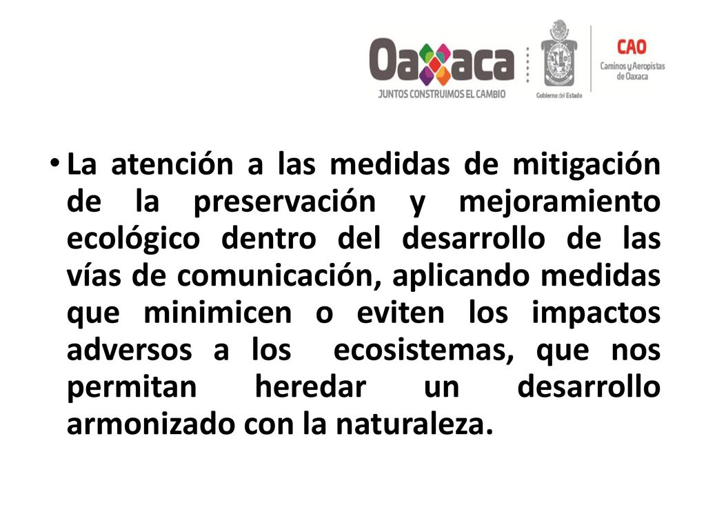 La atención a las medidas de mitigación de la preservación y mejoramiento ecológico dentro del desarrollo de las vías de comunicación, aplicando medidas que minimicen o eviten los impactos adversos a los ecosistemas, que nos permitan heredar un desarrollo armonizado con la naturaleza.